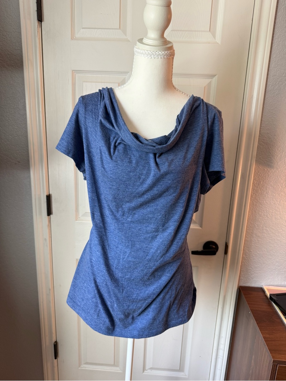 Title Nine Heathered Blue Cowl Neck Short Sleeve Top